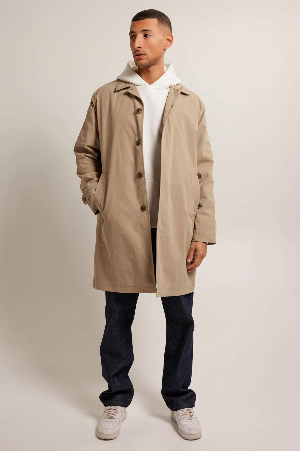 Beige heren America Today zomerjas John van polyester met effen, lange mouwen, klassieke kraag en knoopsluiting
