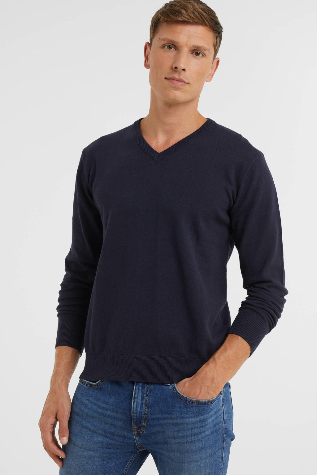 Marineblauwe heren anytime trui van viscose met effen, lange mouwen en V-hals