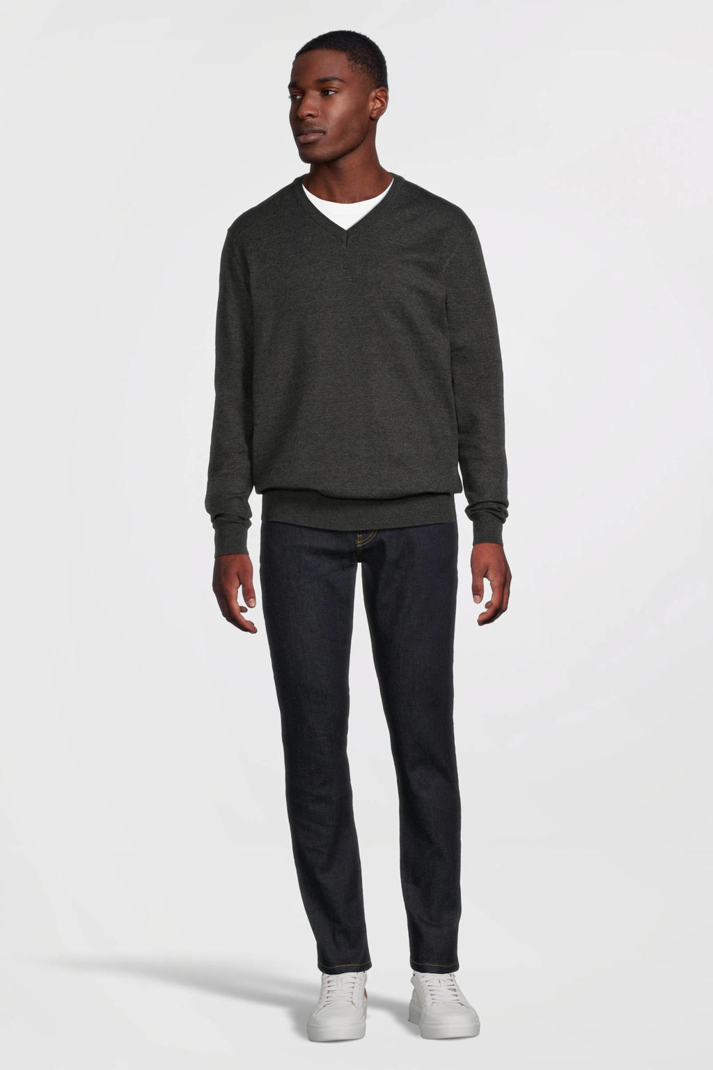 Grijs melange heren anytime trui melange van viscose met lange mouwen en V-hals