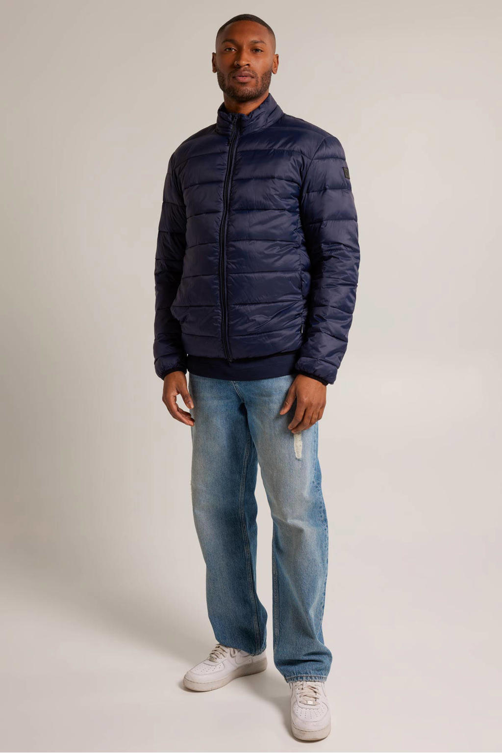 Blauwe heren America Today gewatteerde jas van nylon met effen, opstaande kraag en ritssluiting