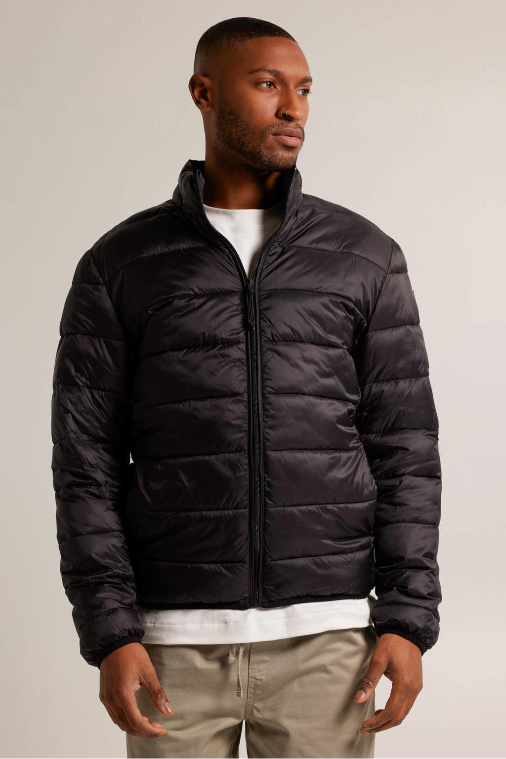 Zwarte heren America Today jas Jim van nylon met logo dessin, opstaande kraag en ritssluiting