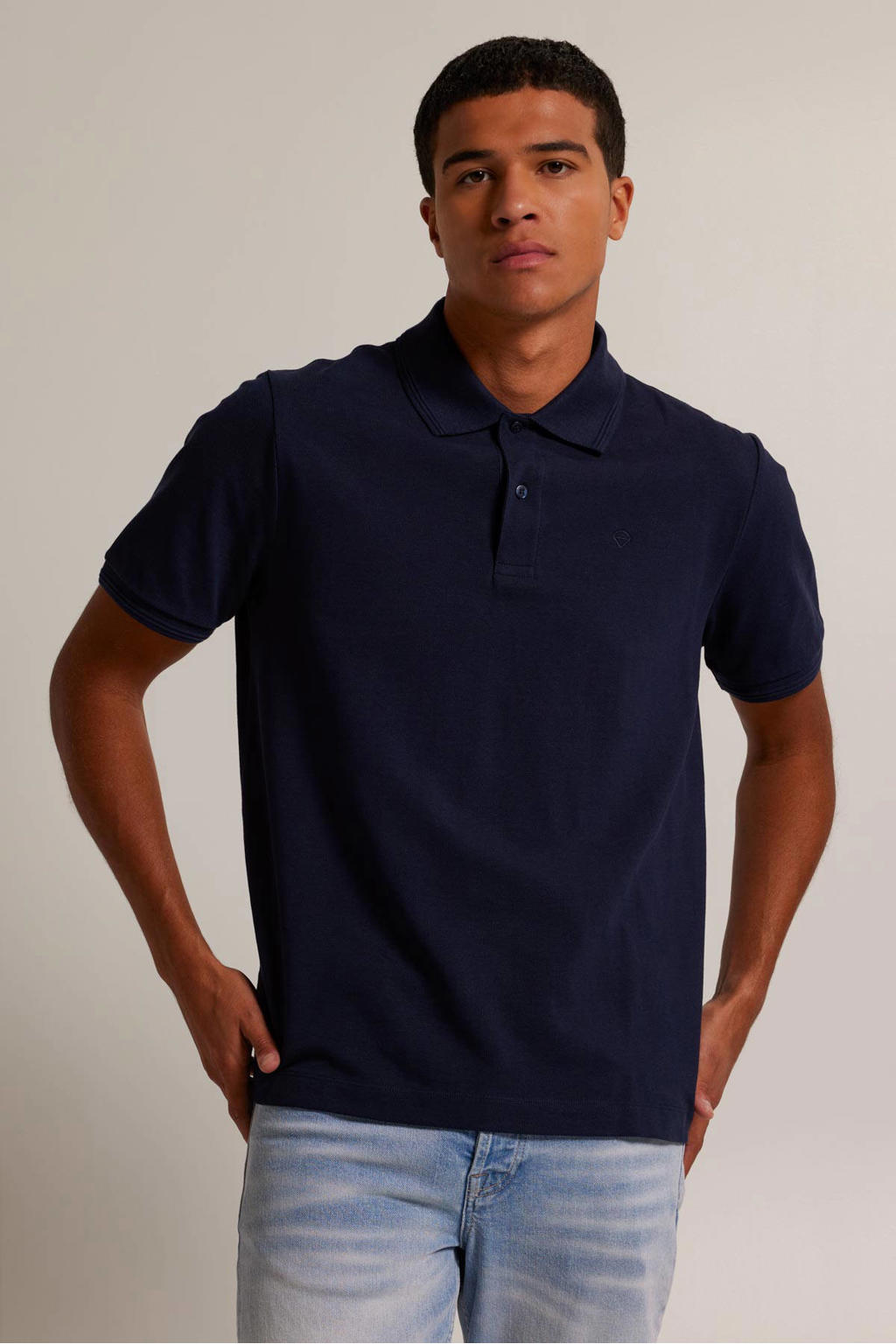 Blauwe heren America Today polo Eddy van katoen met logo dessin, korte mouwen, klassieke kraag en knoopsluiting