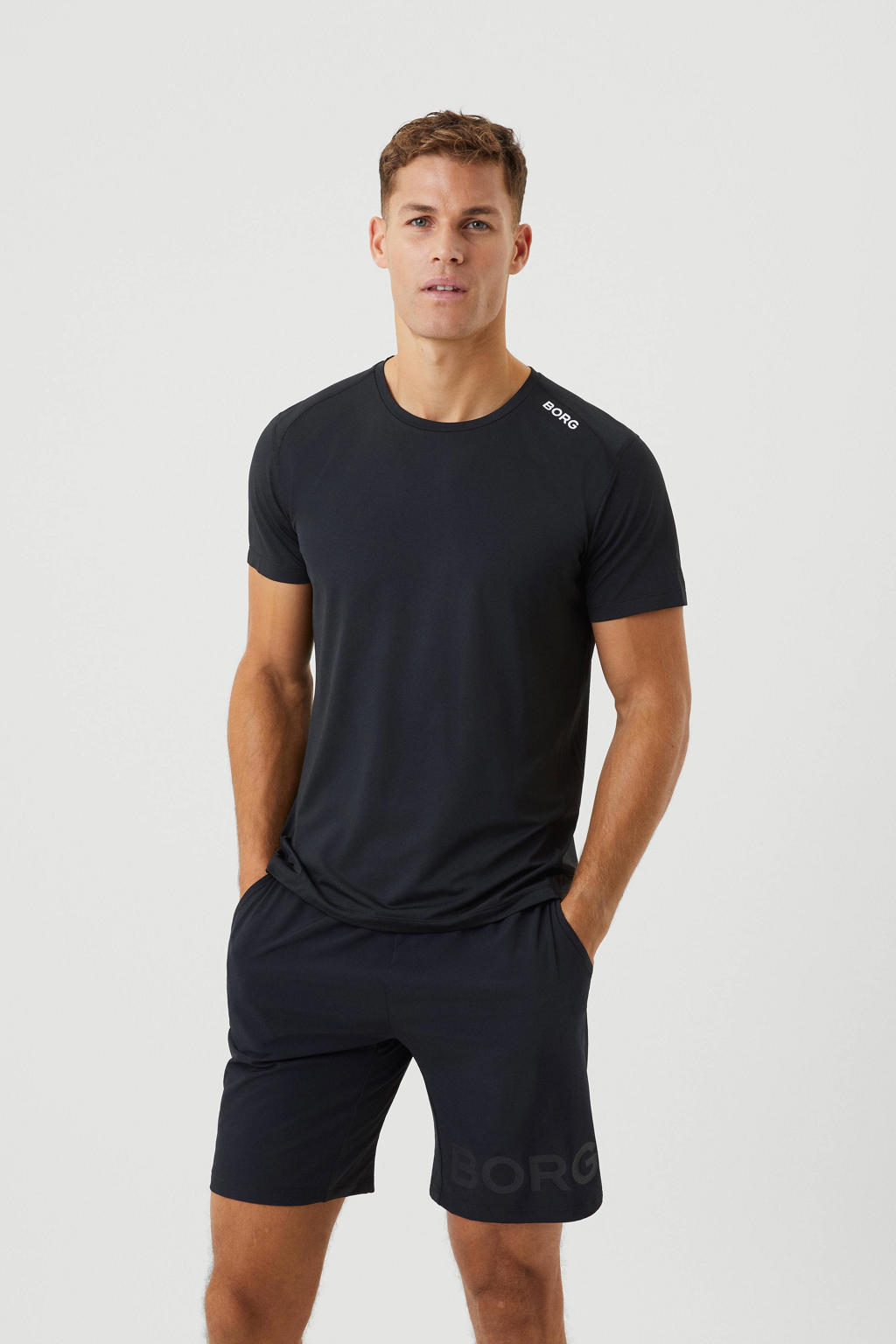 Zwarte heren Björn Borg sportshirt van polyester met korte mouwen en ronde hals