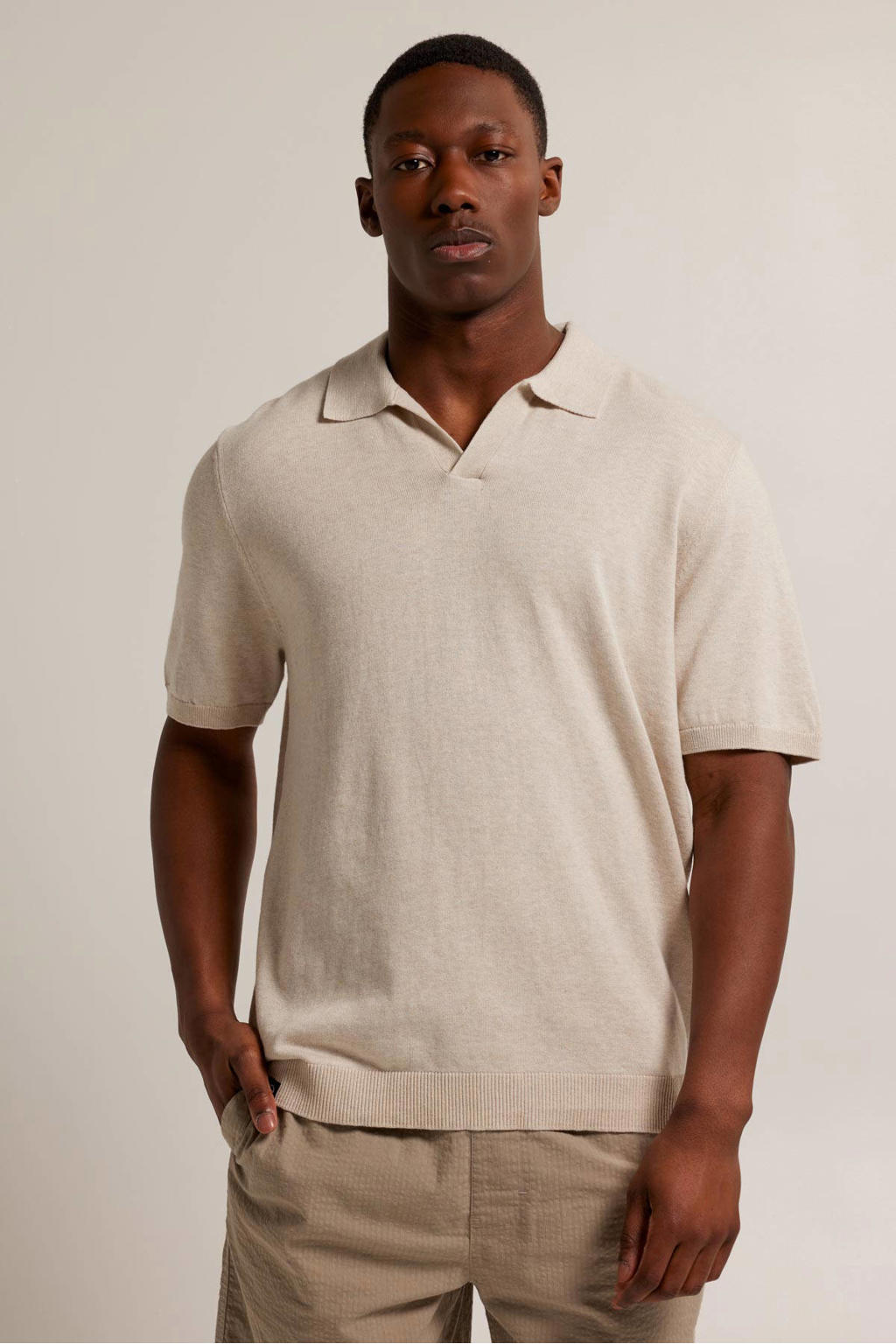 Beige heren America Today T-shirt van katoen met effen, korte mouwen en opstaande kraag