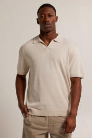 thumbnail: Beige heren America Today T-shirt van katoen met effen, korte mouwen en opstaande kraag