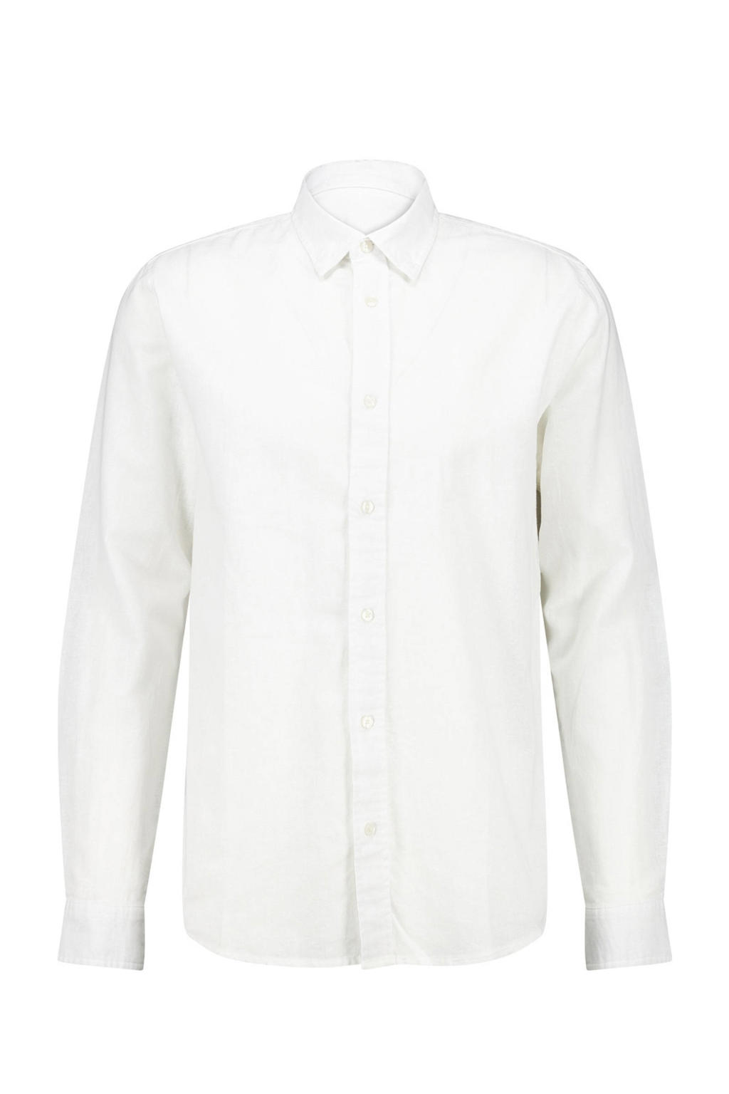 Witte heren America Today regular fit overhemd Hollis white van linnen met effen, lange mouwen, klassieke kraag en knoopsluiting