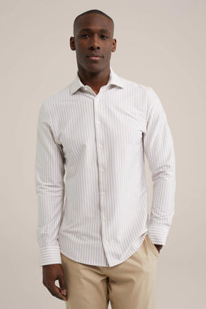 gestreept slim fit strijkvrij overhemd beige wood