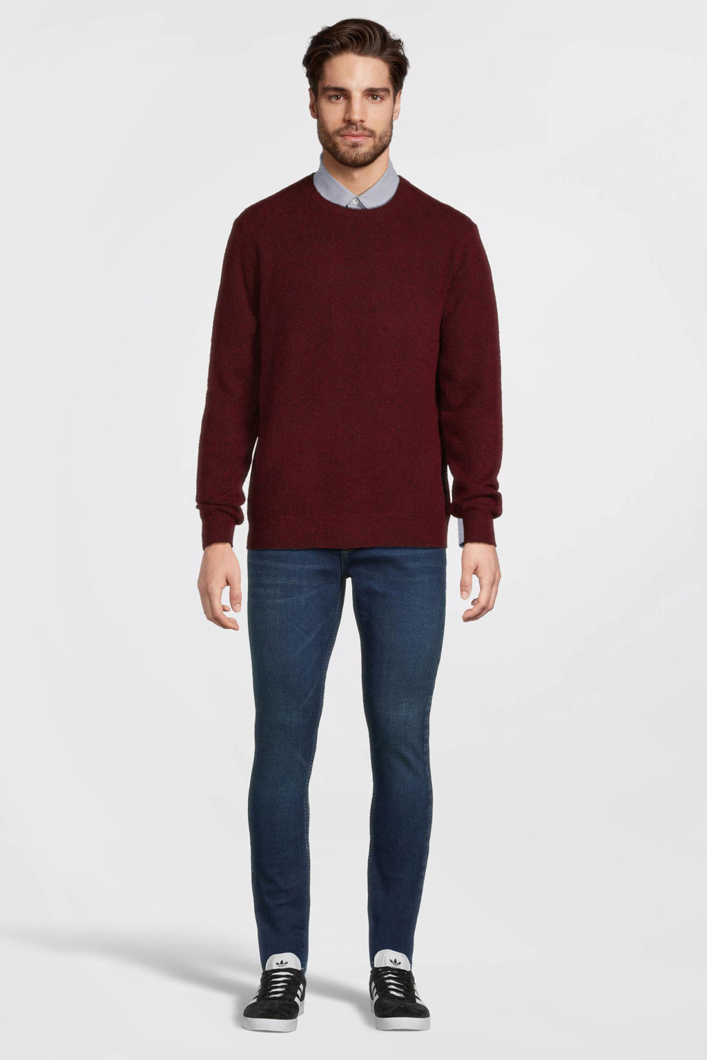 Donkerrode heren anytime gebreide trui van polyester met effen, lange mouwen en ronde hals