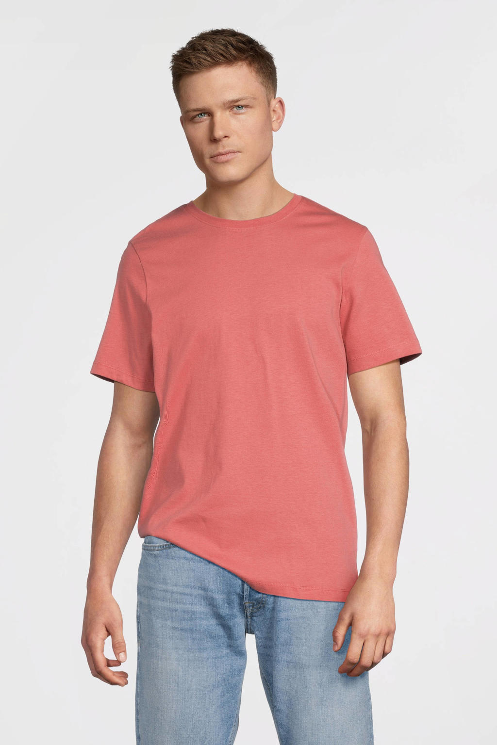Rode heren anytime relaxed T-shirt van katoen met effen, korte mouwen en ronde hals