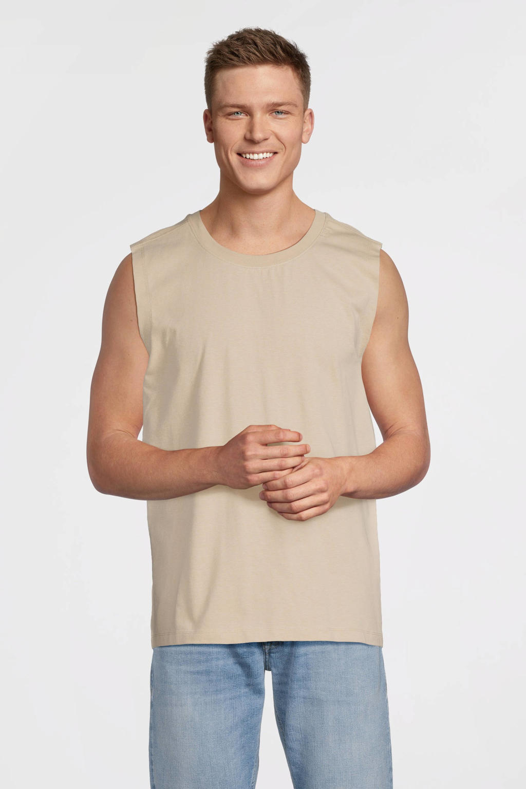 Beige heren anytime jersey tanktop van katoen met effen en ronde hals