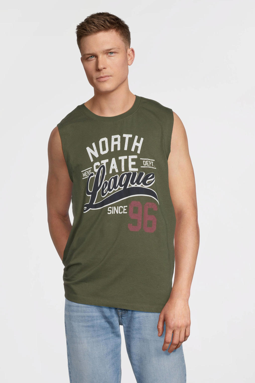 Kakikleurige heren anytime jersey tanktop van katoen met printopdruk en ronde hals