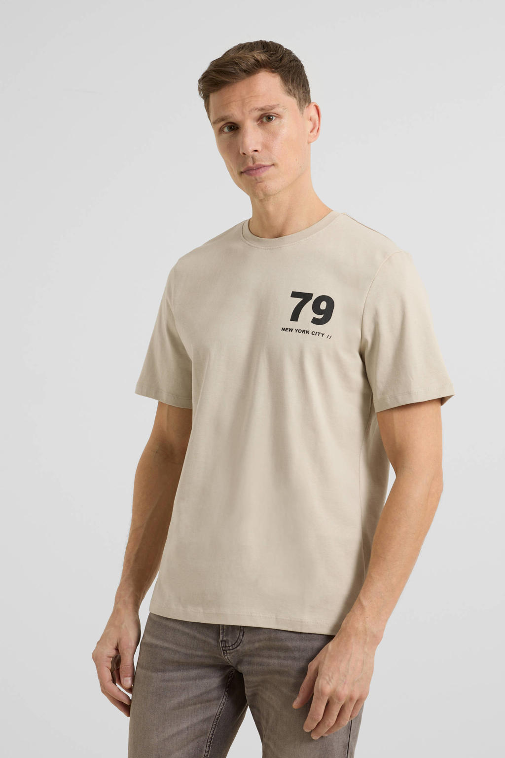 Beige heren anytime T-shirt van katoen met printopdruk, korte mouwen en ronde hals