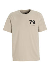 thumbnail: Beige heren anytime T-shirt van katoen met printopdruk, korte mouwen en ronde hals