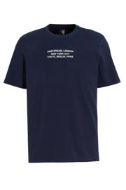 thumbnail: Donkerblauwe heren anytime T-shirt van katoen met printopdruk, korte mouwen en ronde hals
