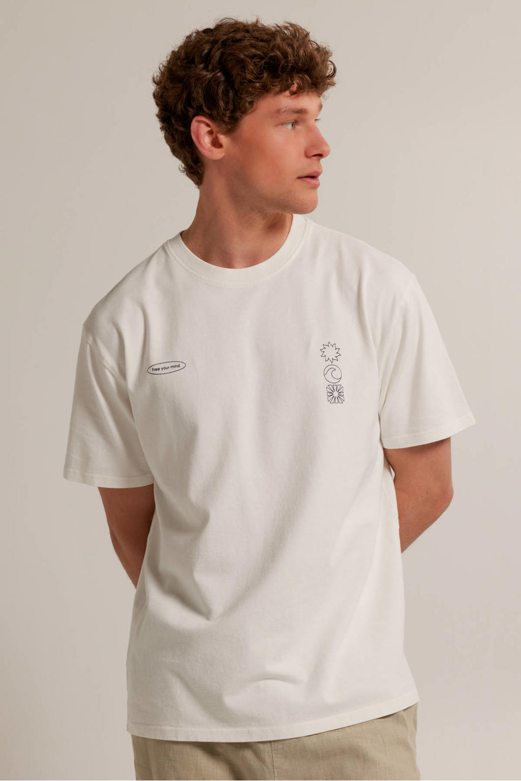 Ecru heren America Today T-shirt Eben van katoen met backprint, korte mouwen en ronde hals