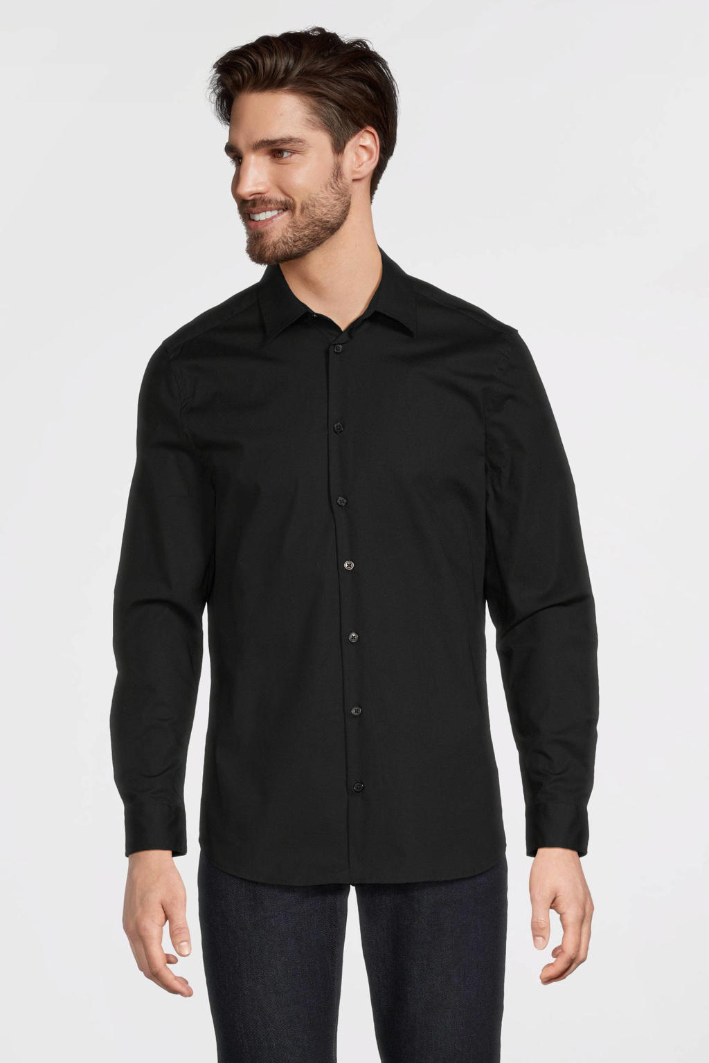 Zwarte heren anytime slim fit poplin overhemd van stretchkatoen met effen, lange mouwen en klassieke kraag