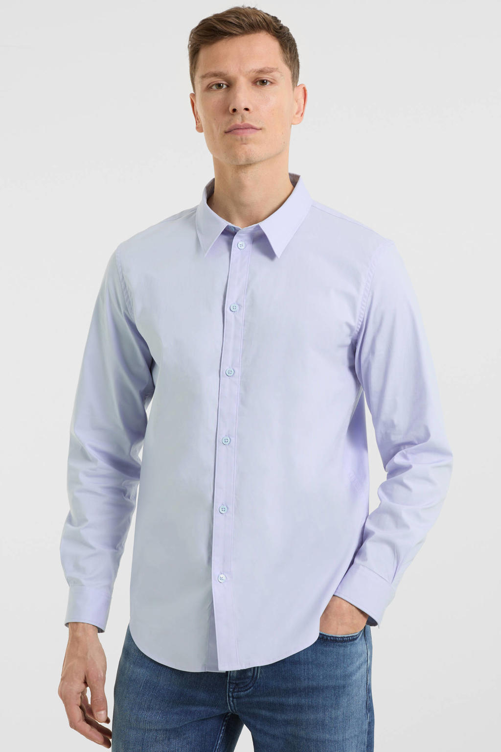 Lichtblauwe heren anytime regular fit poplin overhemd van stretchkatoen met effen, lange mouwen, klassieke kraag en knoopsluiting