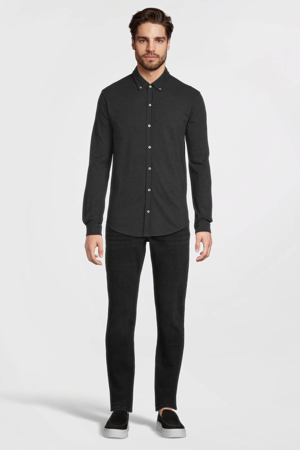 Zwarte heren anytime piqué longsleeve overhemd van polyester met effen, lange mouwen, klassieke kraag en knoopsluiting