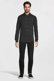 thumbnail: Zwarte heren anytime piqué longsleeve overhemd van polyester met effen, lange mouwen, klassieke kraag en knoopsluiting
