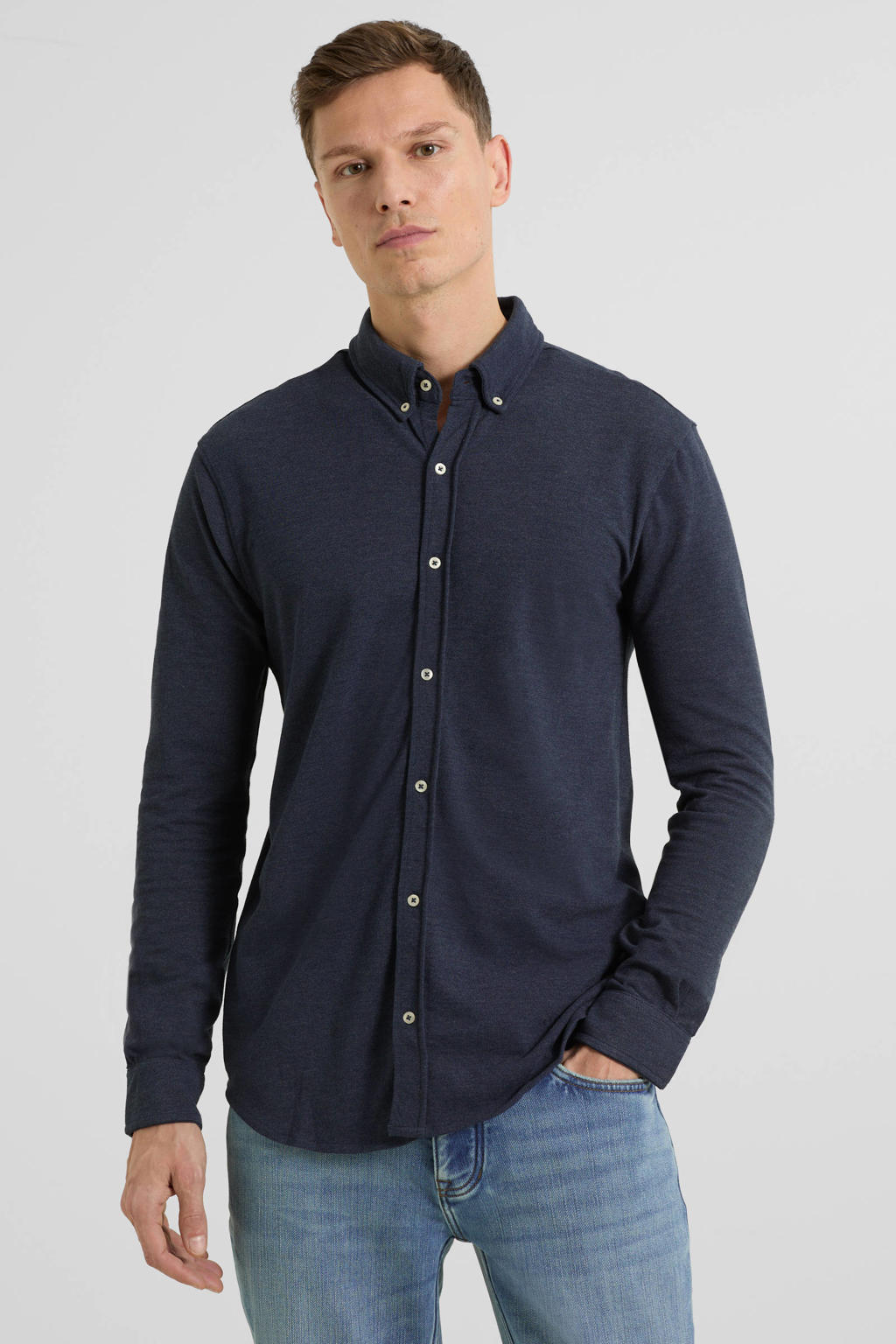 anytime piqué longsleeve overhemd marineblauw