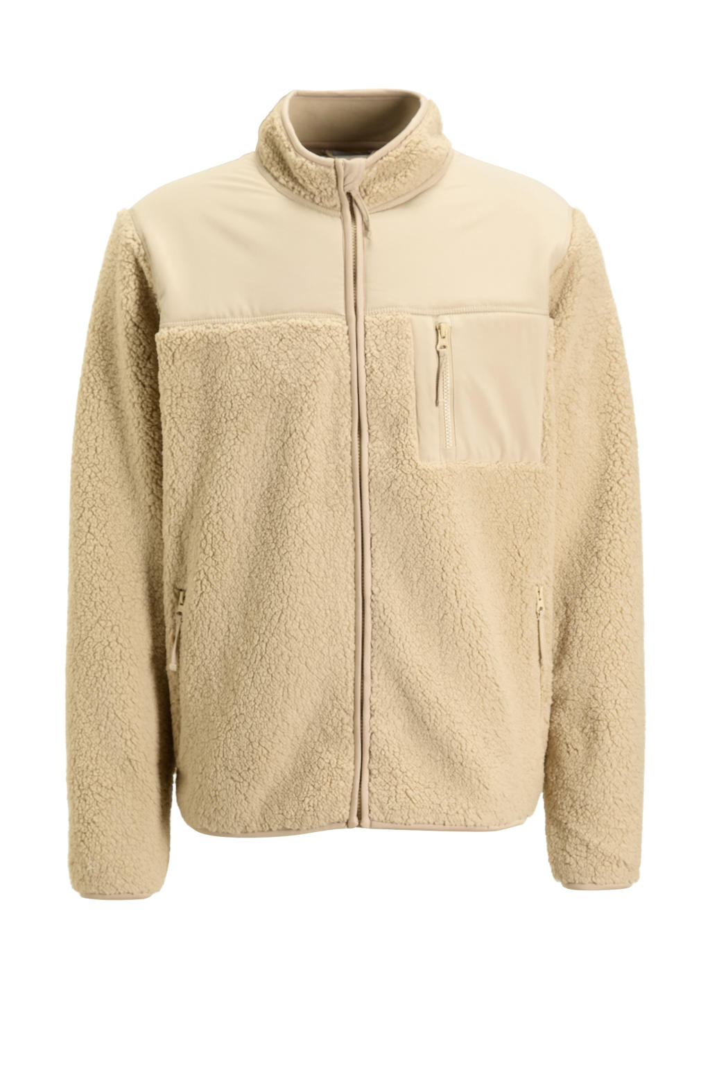 Beige heren anytime teddy fleece vest met effen, lange mouwen, opstaande kraag en ritssluiting