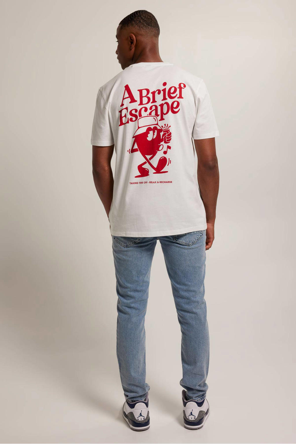 Ecru heren America Today oversized T-shirt Elizar van katoen met printopdruk, korte mouwen en ronde hals