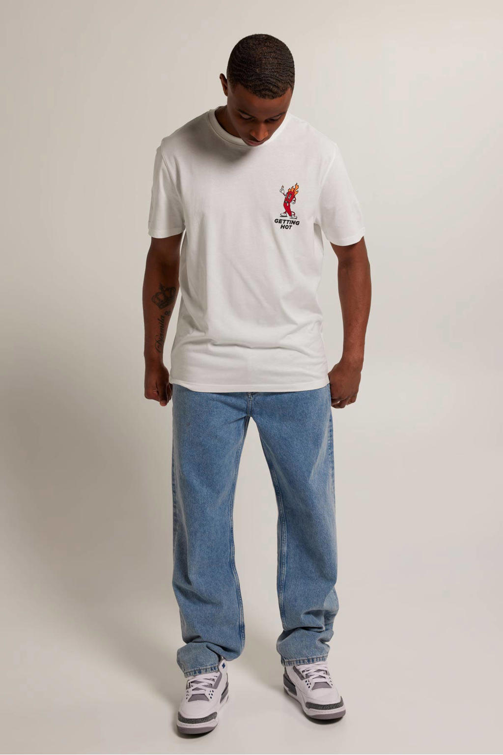 Witte heren America Today oversized T-shirt Elizar van katoen met printopdruk, korte mouwen en ronde hals