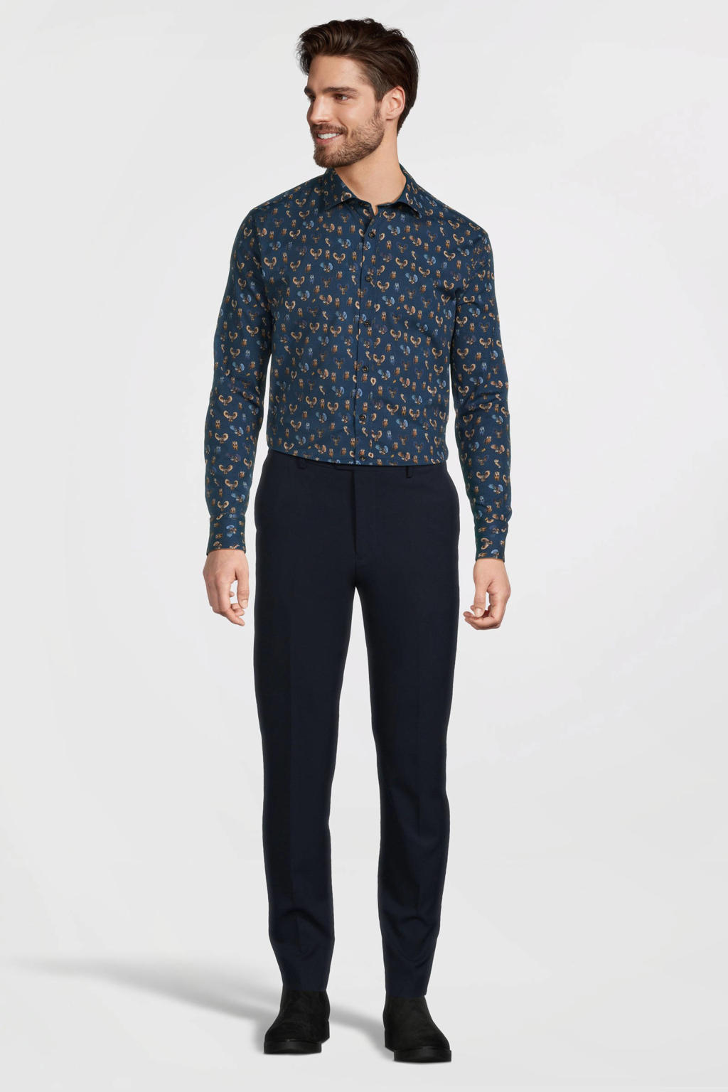 Blauwe heren A fish named Fred overhemd met lange mouwen, klassieke kraag en knoopsluiting