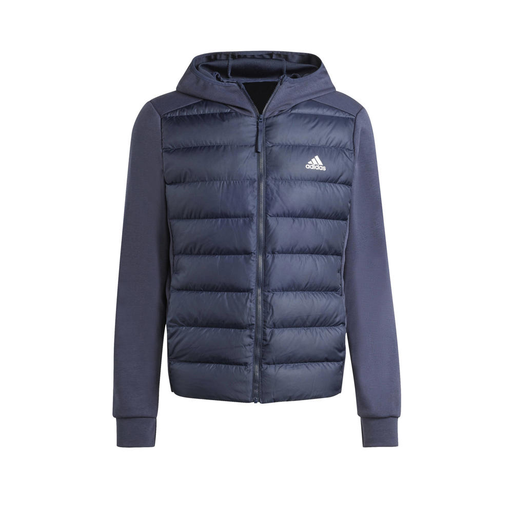 Donkerblauwe heren adidas Sportswear outdoor jack van polyester met effen, lange mouwen, capuchon en ritssluiting