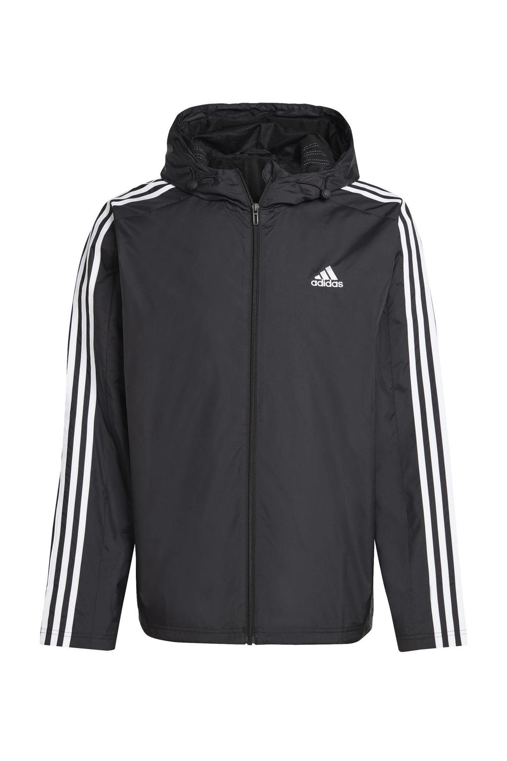 Zwarte heren adidas Sportswear windjack van polyester met effen, lange mouwen, capuchon en ritssluiting