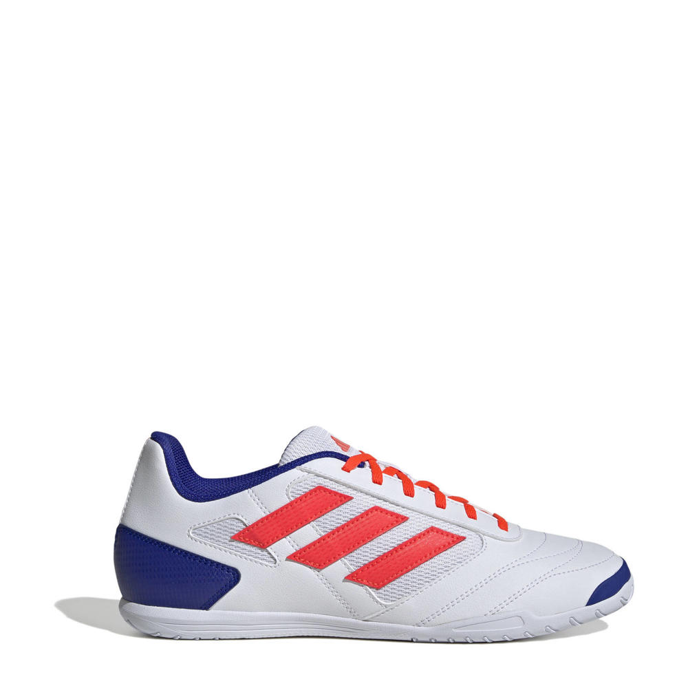 Wit, rood en kobaltblauwe heren adidas Performance Super Sala senior zaalvoetbalschoenen van imitatieleer/voering: mesh/voetbed: eva met veters