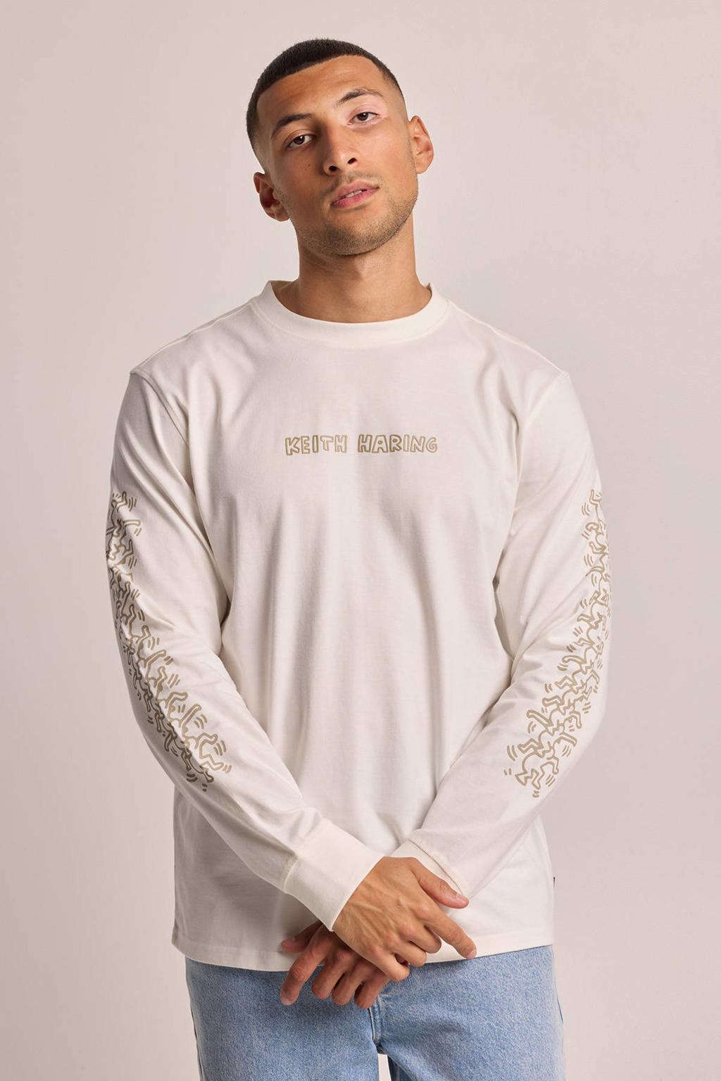 Witte heren America Today longsleeve van katoen met backprint, lange mouwen en ronde hals