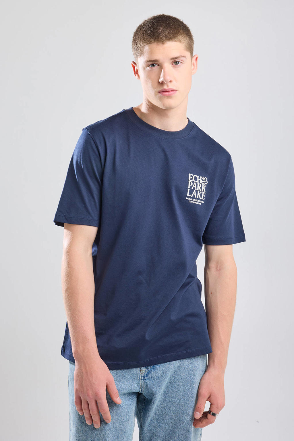 Blauwe heren America Today T-shirt van katoen met backprint, korte mouwen en ronde hals