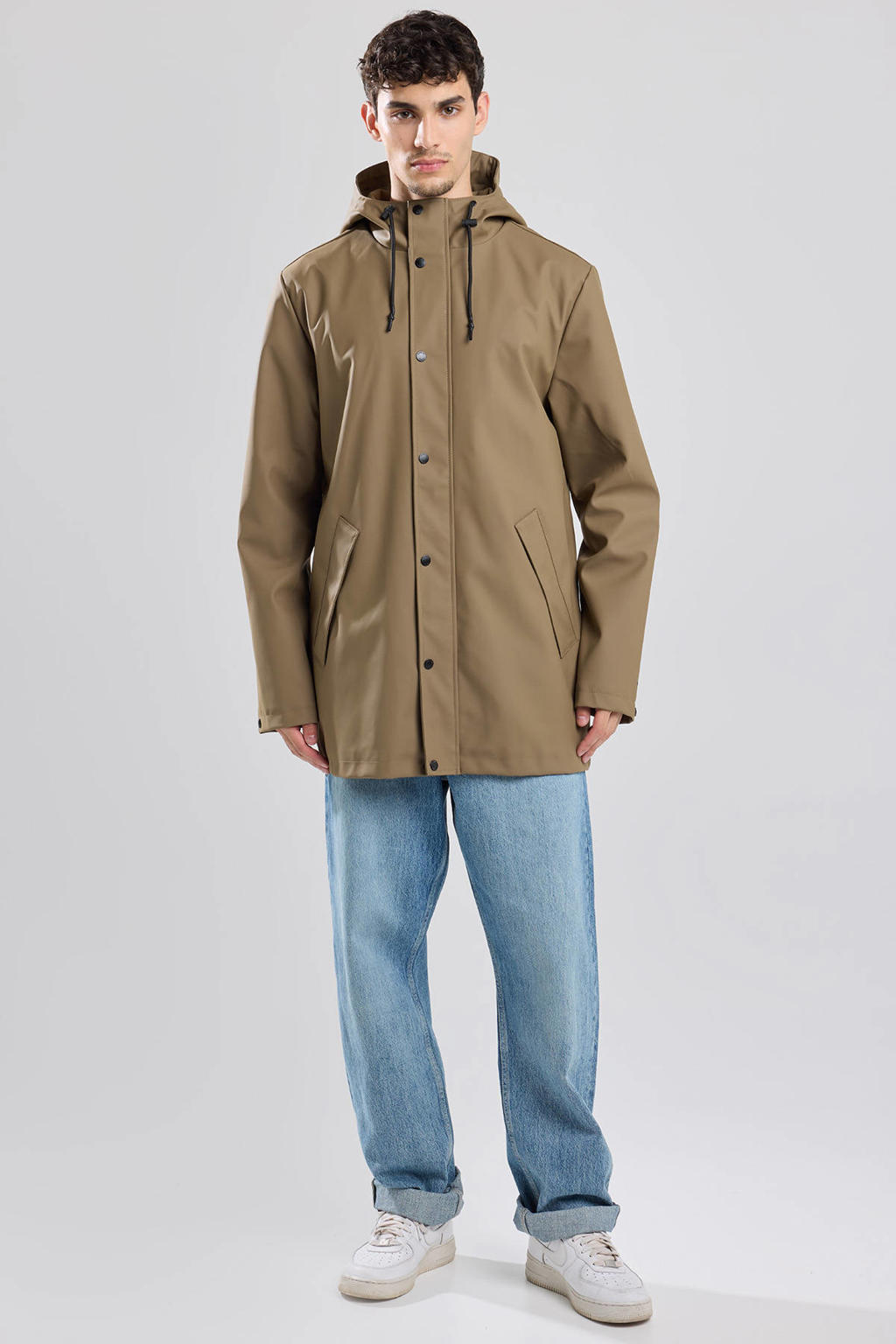 Bruine heren America Today regenjas jake van polyester met effen, capuchon en rits- en knoopsluiting