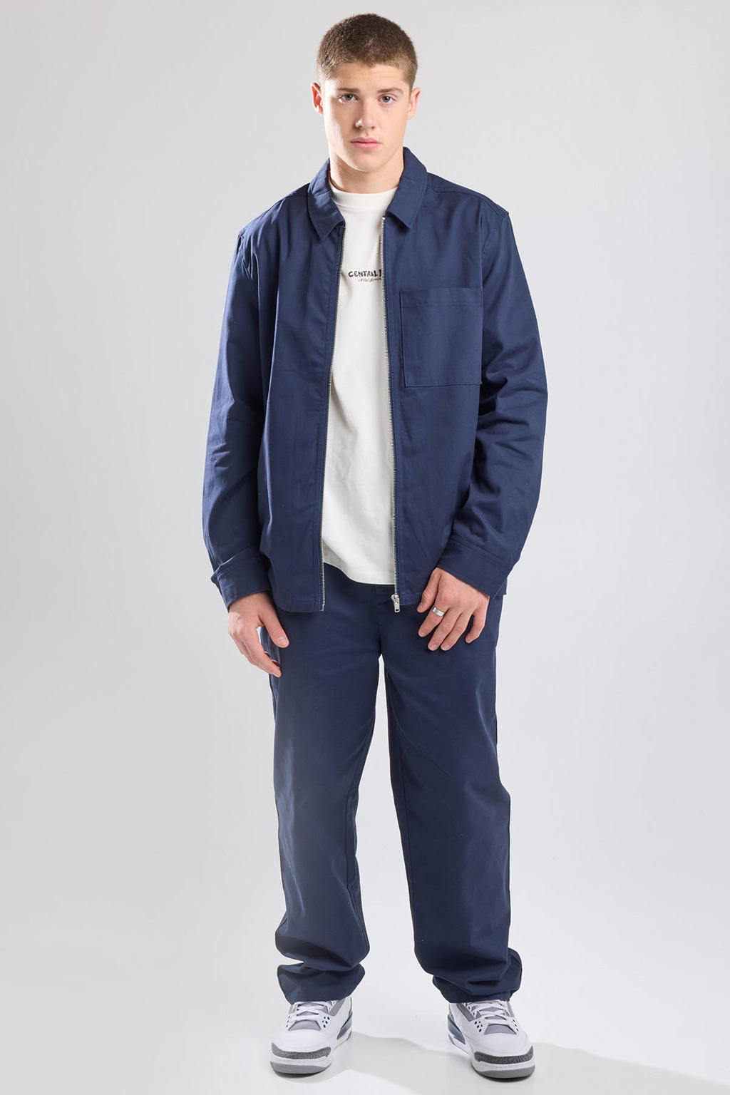 Blauwe heren America Today loose fit overshirt Hedley van katoen met effen, lange mouwen, klassieke kraag en ritssluiting