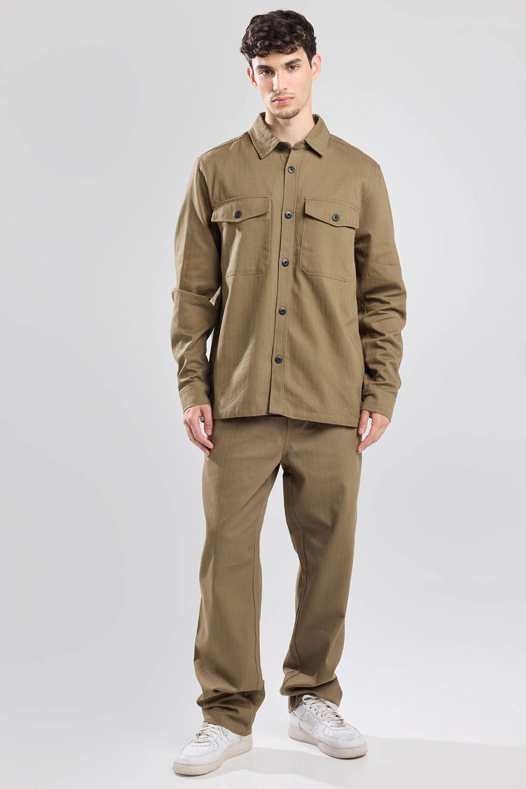 Bruine heren America Today regular fit overshirt van katoen met effen, lange mouwen, klassieke kraag en knoopsluiting