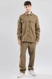 thumbnail: Bruine heren America Today regular fit overshirt van katoen met effen, lange mouwen, klassieke kraag en knoopsluiting