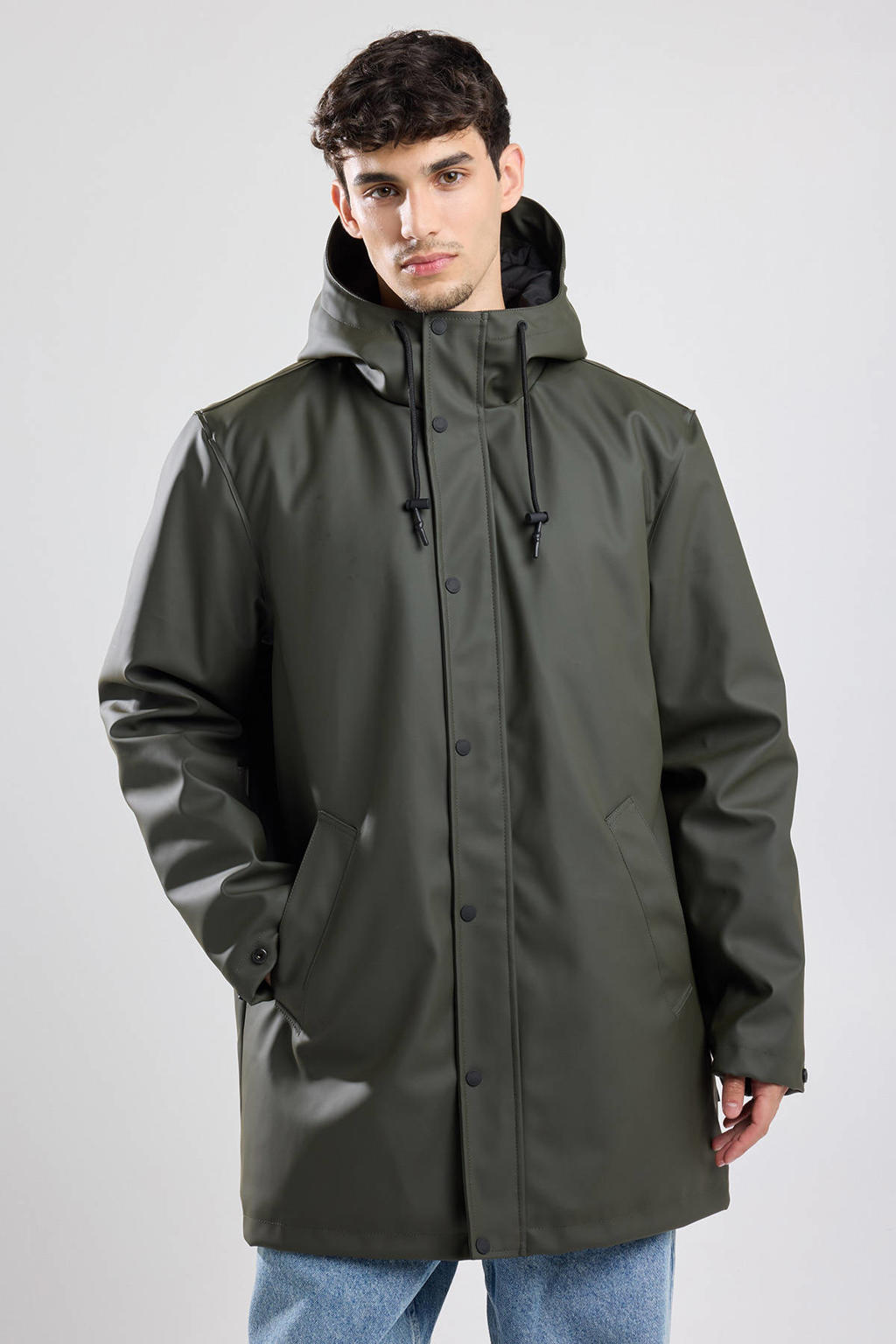 Groene heren America Today regenjas jake van polyester met effen, lange mouwen, capuchon en rits- en drukknoopsluiting