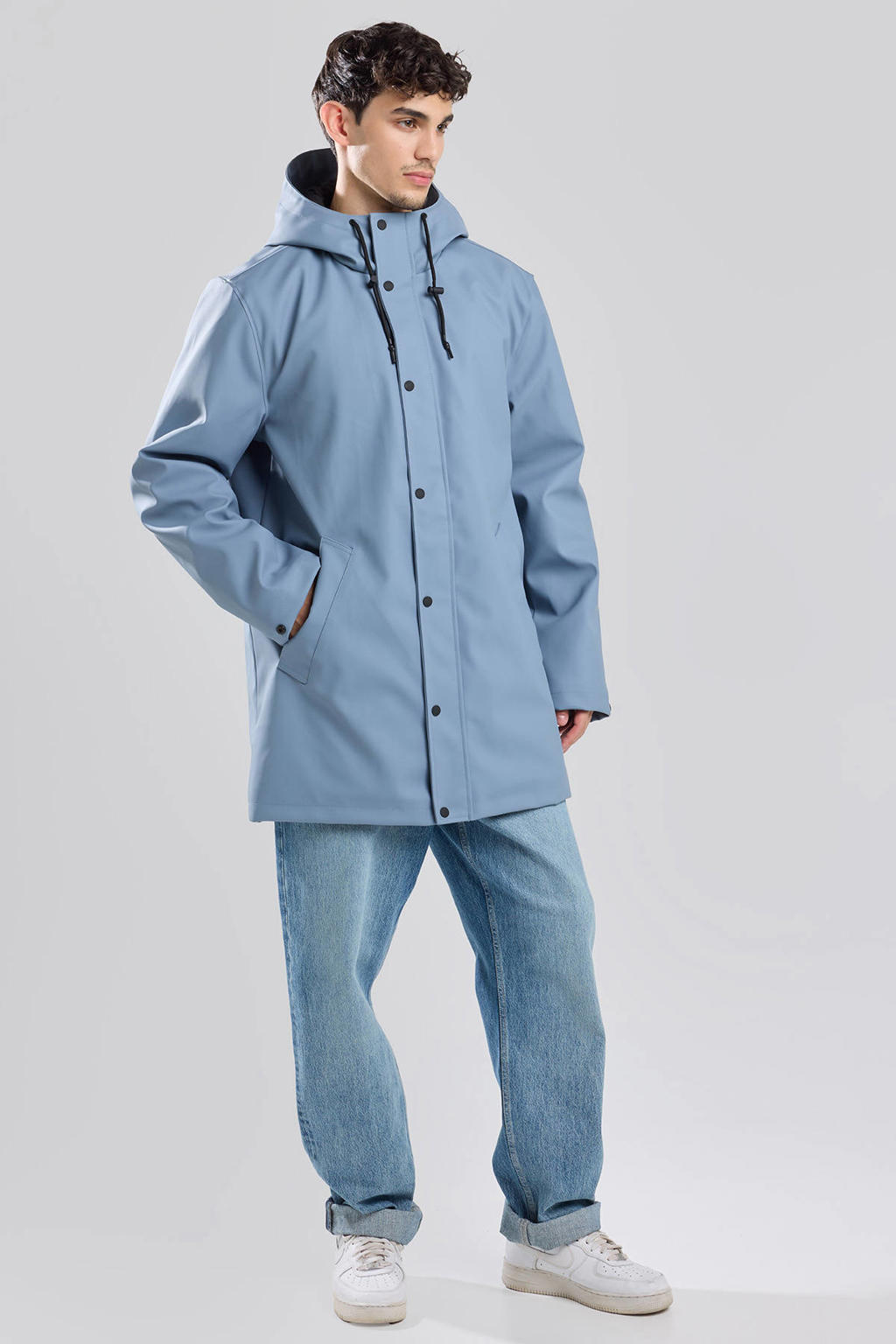 Grijs en grey heren America Today regenjas Jake van polyester met effen, lange mouwen, capuchon en rits- en drukknoopsluiting
