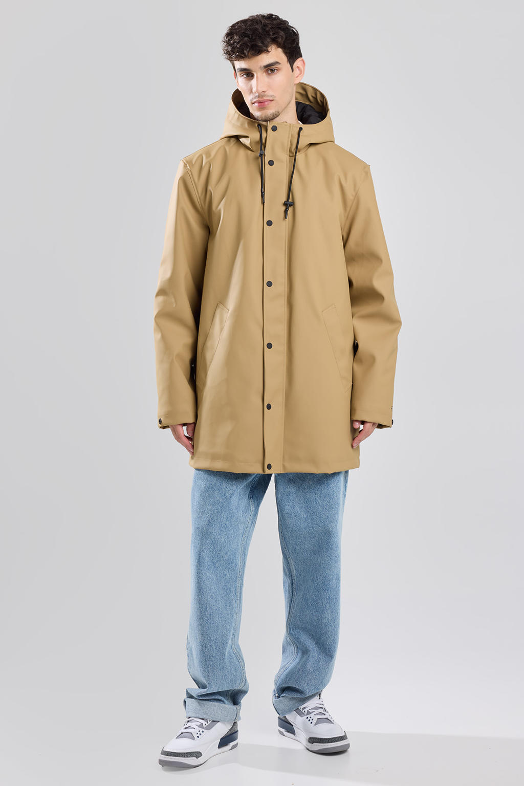 Bruine heren America Today regenjas Jake van polyester met effen, lange mouwen, capuchon en rits- en drukknoopsluiting