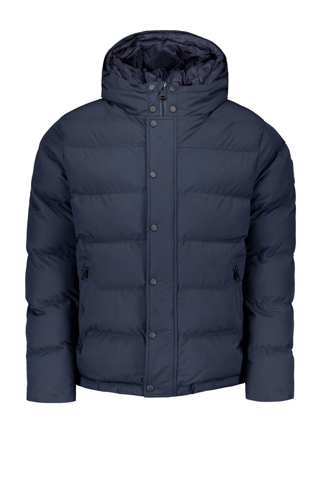 Donkerblauwe heren Airforce gewatteerde winterjas van polyester met effen, lange mouwen, capuchon en rits- en drukknoopsluiting