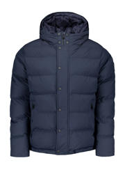 thumbnail: Donkerblauwe heren Airforce gewatteerde winterjas van polyester met effen, lange mouwen, capuchon en rits- en drukknoopsluiting