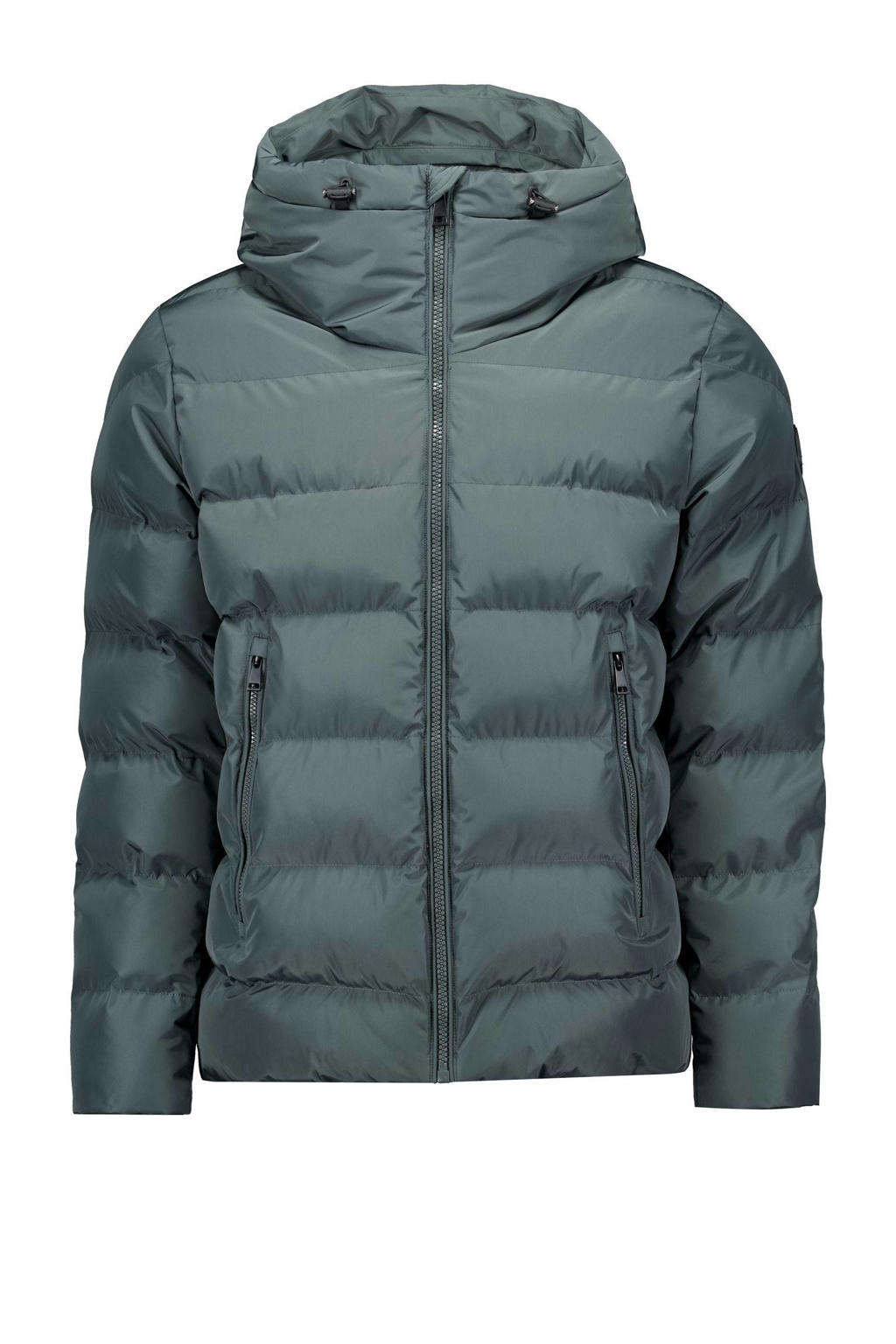 Donkergroene heren Airforce gewatteerde winterjas Robin van polyester met effen, lange mouwen, capuchon en ritssluiting
