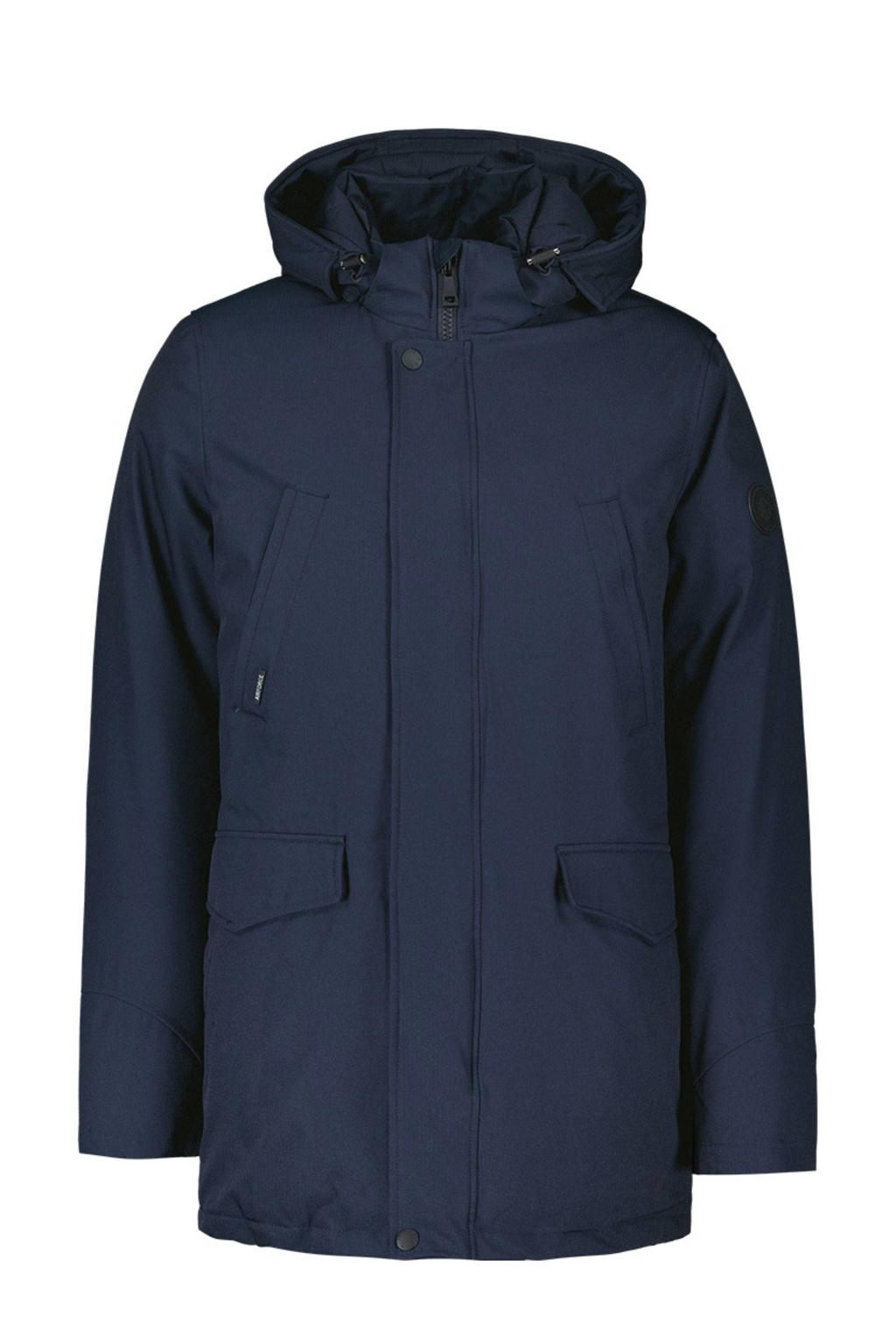 Donkerblauwe heren Airforce parka van polyester met effen, lange mouwen, capuchon, 2-way rits en tunnelkoord