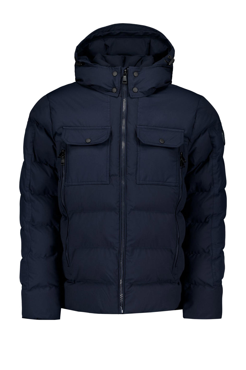 Donkerblauwe heren Airforce gewatteerde winterjas Ben van polyester met effen, lange mouwen, capuchon en ritssluiting