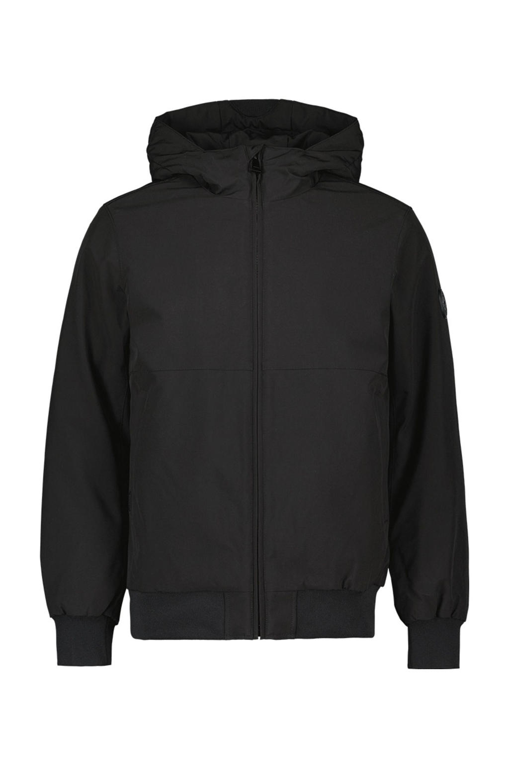 Zwarte heren Airforce winterjas van polyester met effen, lange mouwen, capuchon, ritssluiting en elastische boord