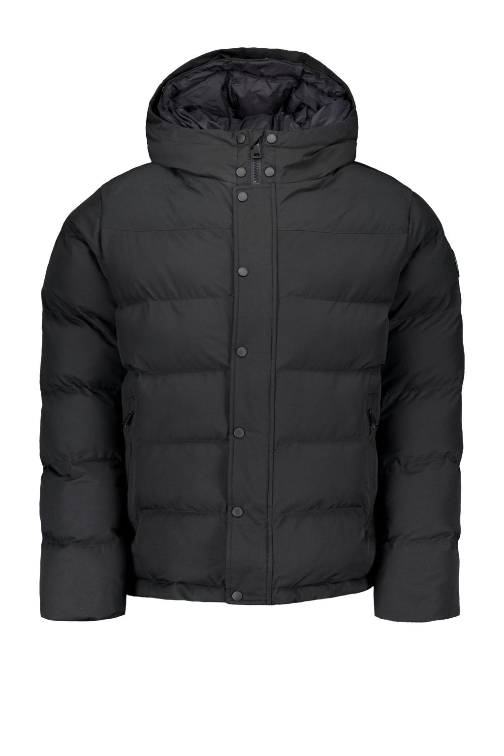 Zwarte heren Airforce gewatteerde winterjas van polyester met effen, lange mouwen, capuchon en rits- en drukknoopsluiting