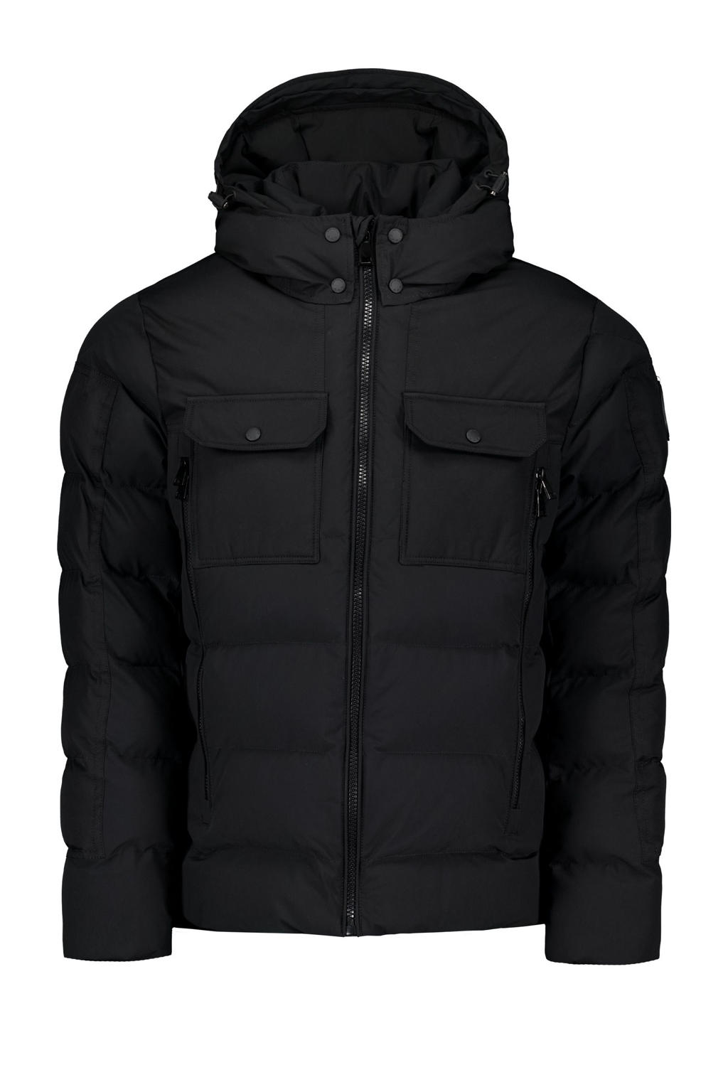Zwarte heren Airforce gewatteerde winterjas Ben van polyester met effen, lange mouwen, capuchon en ritssluiting
