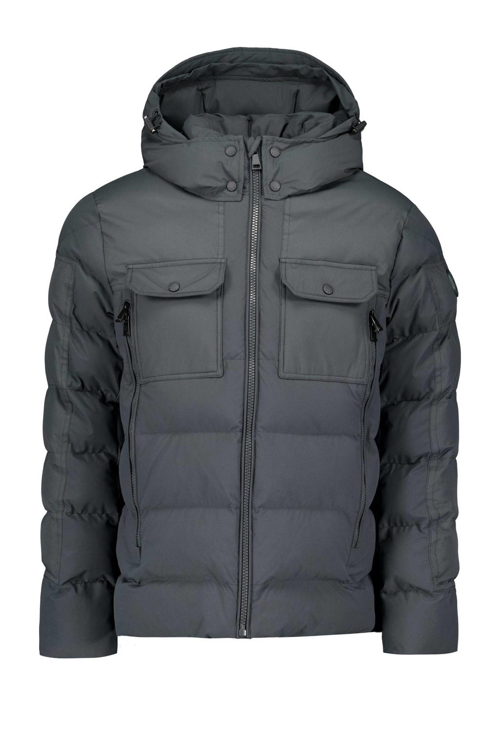 Grijze heren Airforce gewatteerde winterjas Ben van polyester met effen, lange mouwen, capuchon en ritssluiting