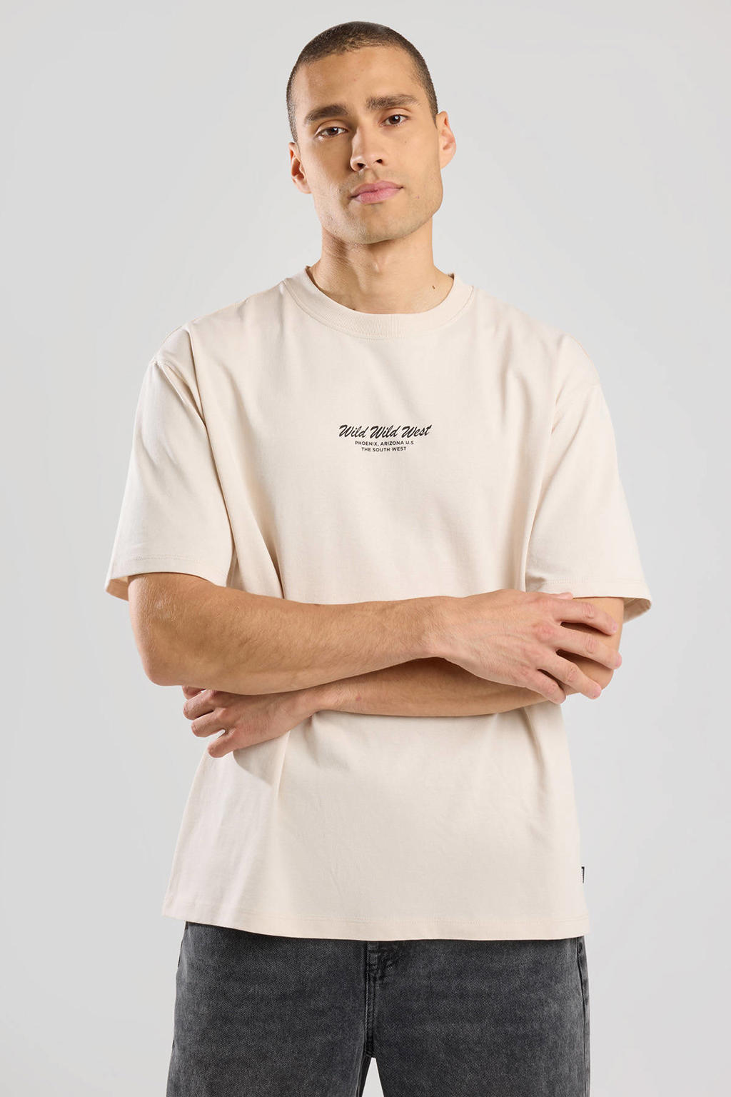 Ecru heren America Today loose fit T-shirt Esteban van katoen met backprint, korte mouwen en ronde hals